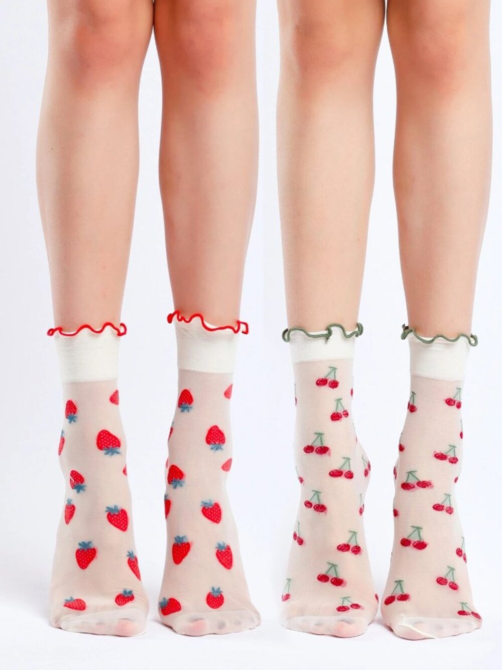 2-Pack Women's Strawberry & Cherry Ruffle Lettuce Edge Sheer White Ankle Socks
